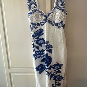 FARM Rio White Midi Dress with Blue Floral Print